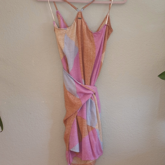 O'Neill Marlo Beige Icy Blue Pastel Pink Flowy Silky Halter Coastal Wrap Dress - Picture 9 of 12